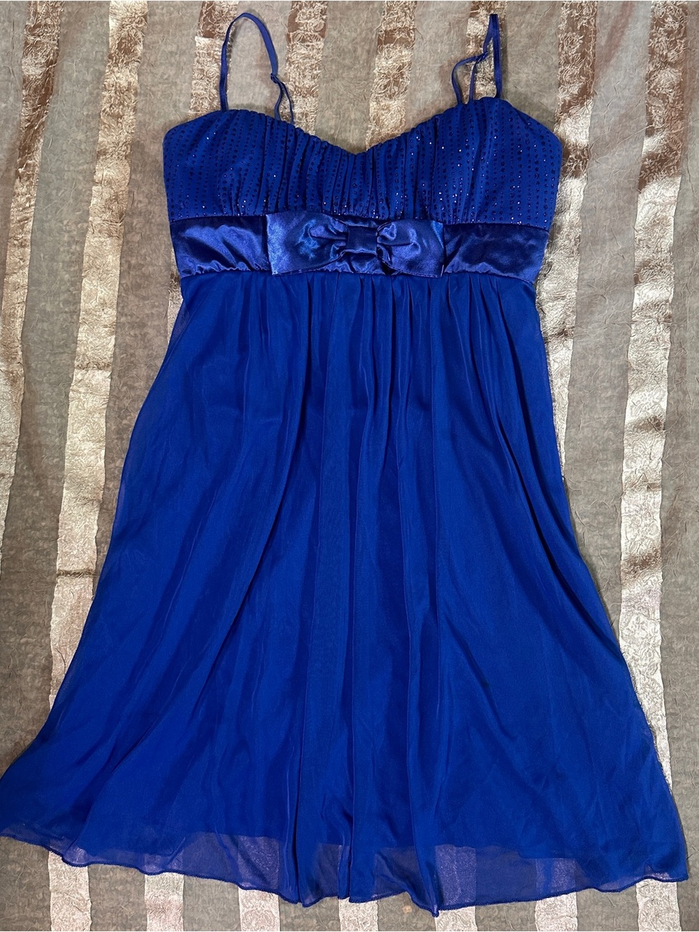 Y2K Cobalt Blue Sequin Chiffon Babydoll Homecoming Dress with Bow Details